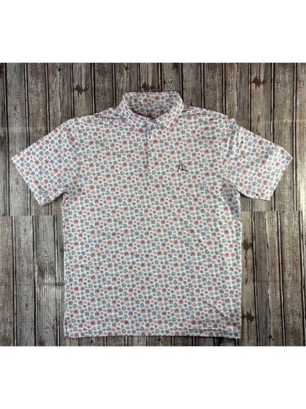 Rhoback all overprint Fireworks Print Polo Shirt Size M color white blue red NEW